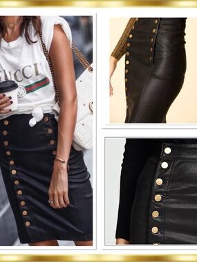 MW Lamb Leather Ella Stretch High-Waist Black MIDI Skirt XS Gold Buttons